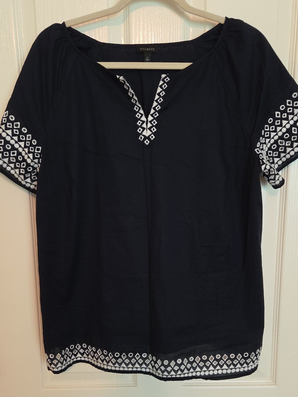 Talbots Navy White Short-Sleeve Embroidered Peasant Tunic Size L